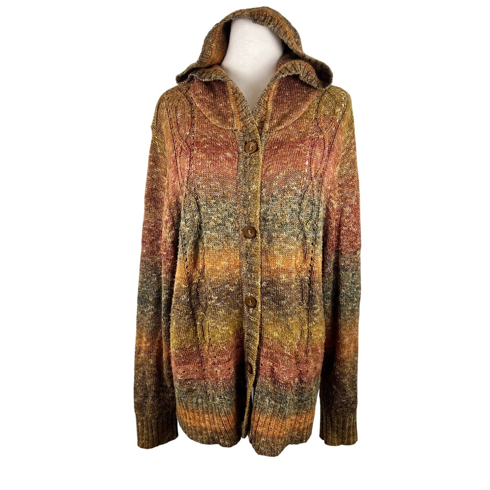 Autumn Earthy Hooded Knit Cardigan Sweater Size 3X Ombre Button Granola Boho